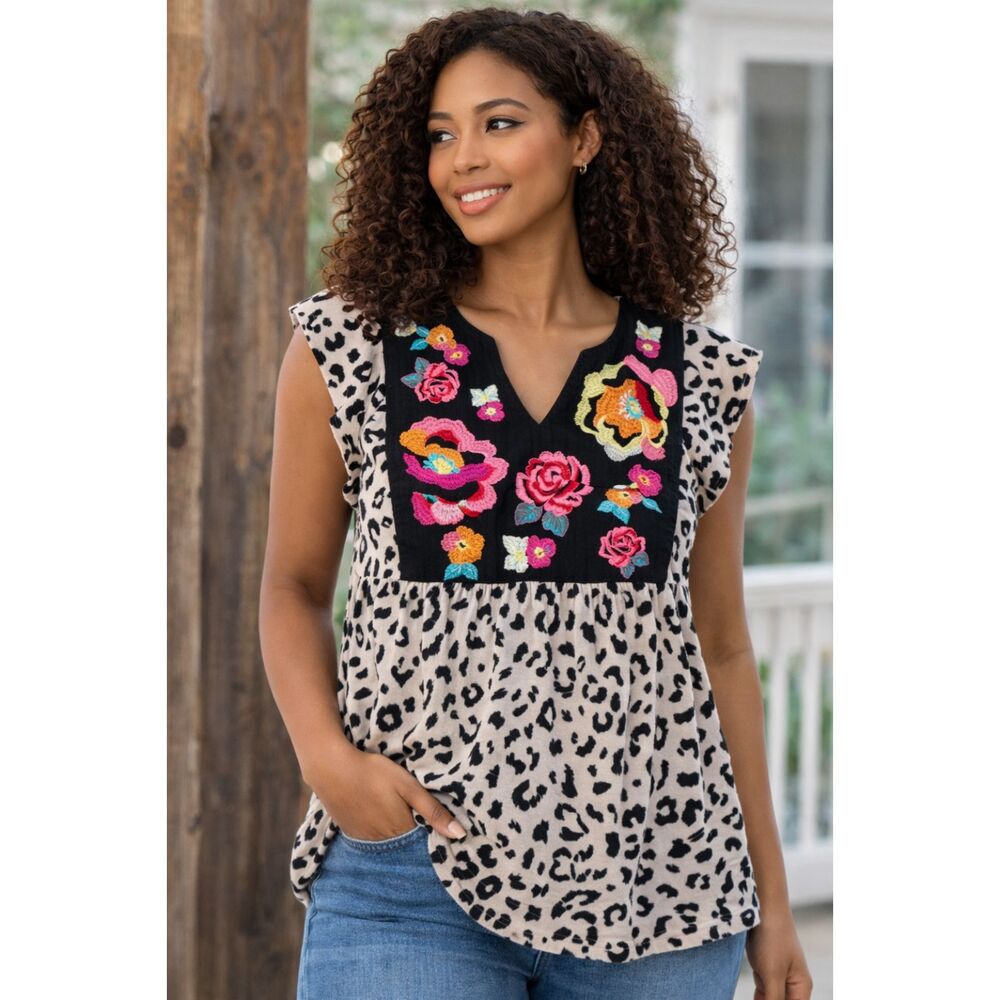 Savanna Jane Embroidered Leopard Print Boho Blouse Floral Yoke Top Size M